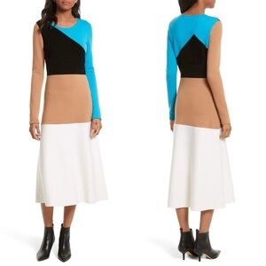 DIANE VON FURSTENBERG Colorblock Blue, Tan, White, Black Midi Sweater Dress | S